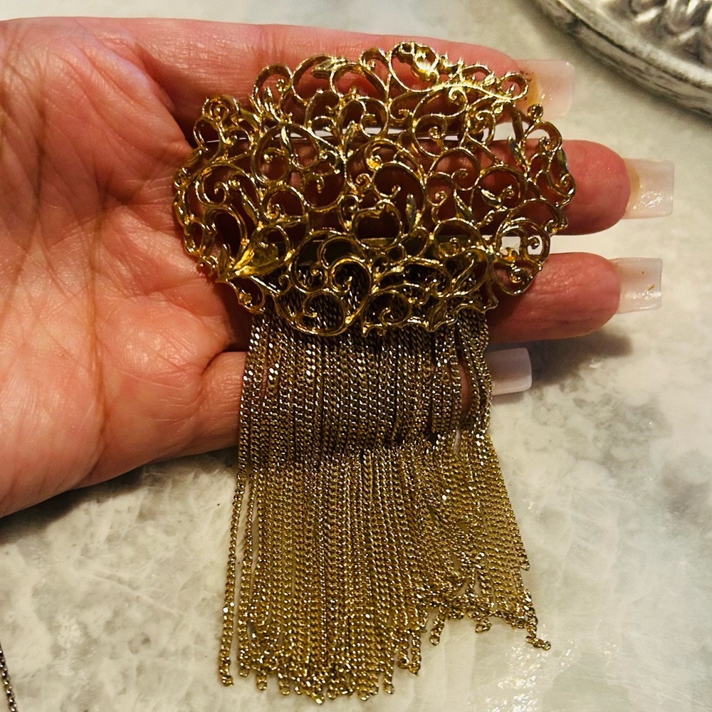 Gold Filigree Brooch with Cascading Chains